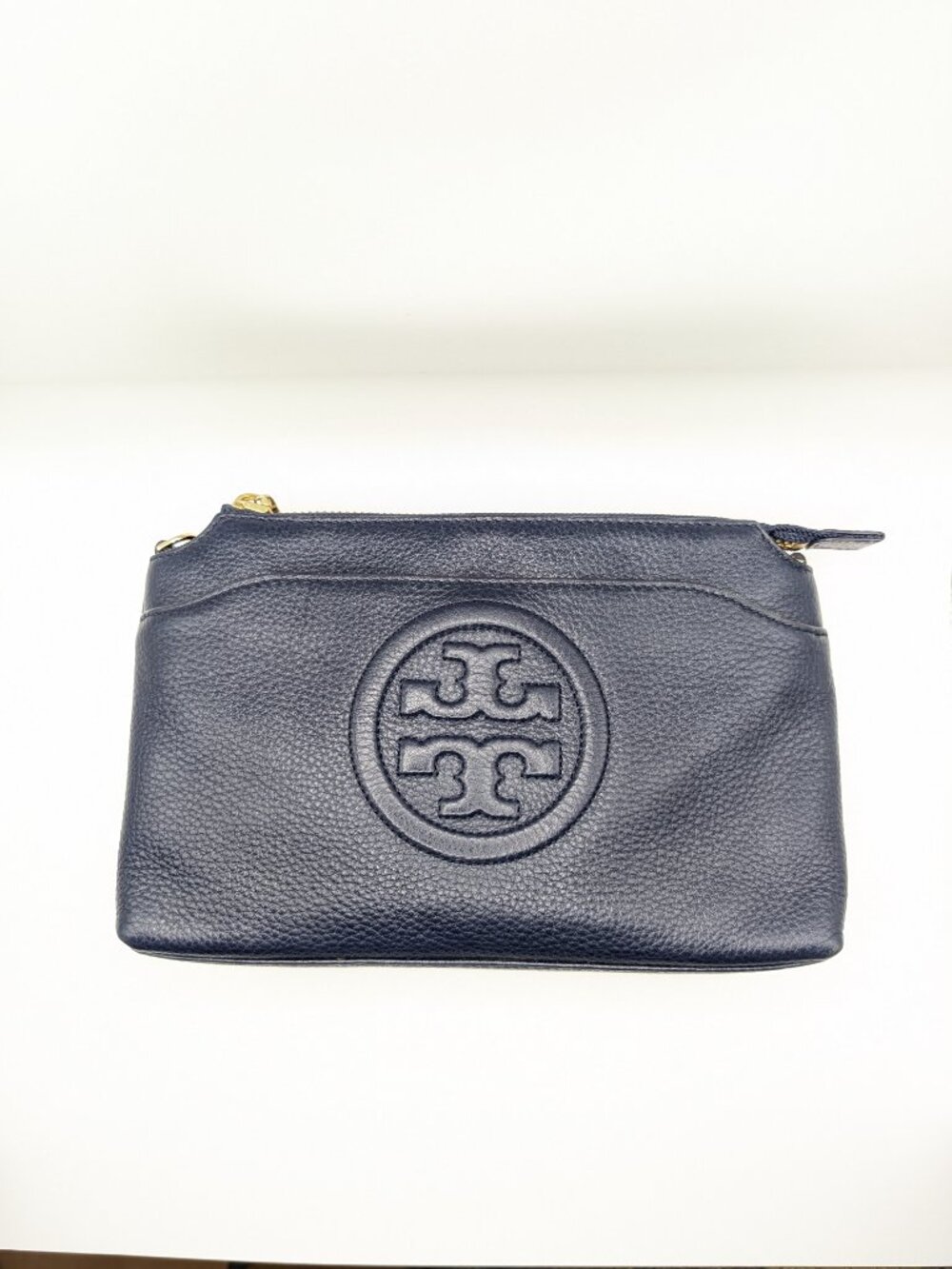 Tory Burch Navy Perry Bombé Double-Zip Crossbody | Gold Chain Strap | Pebbled - Picture 3 of 7